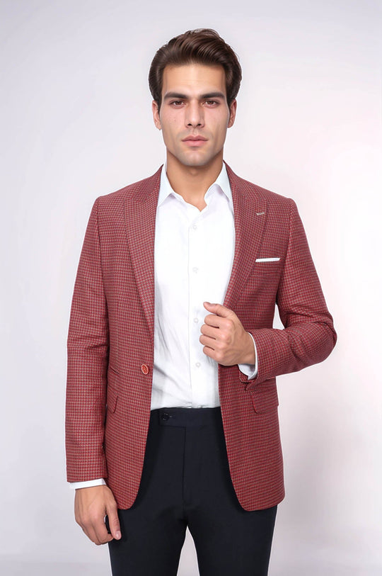 Men’s Claret Red Micro-Patterned Slim Fit Notch Lapel Blazer