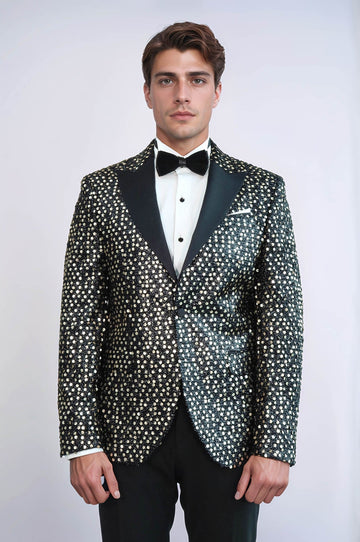 Men’s Smoked Charcoal Sequin Patterned Blazer – Slim Fit with Black Satin Peak Lapels