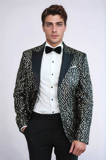 Men’s Smoked Charcoal Sequin Patterned Blazer – Slim Fit with Black Satin Peak Lapels