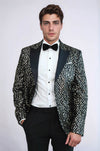 Men’s Smoked Charcoal Sequin Patterned Blazer – Slim Fit with Black Satin Peak Lapels