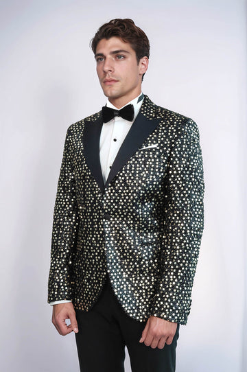 Men’s Smoked Charcoal Sequin Patterned Blazer – Slim Fit with Black Satin Peak Lapels