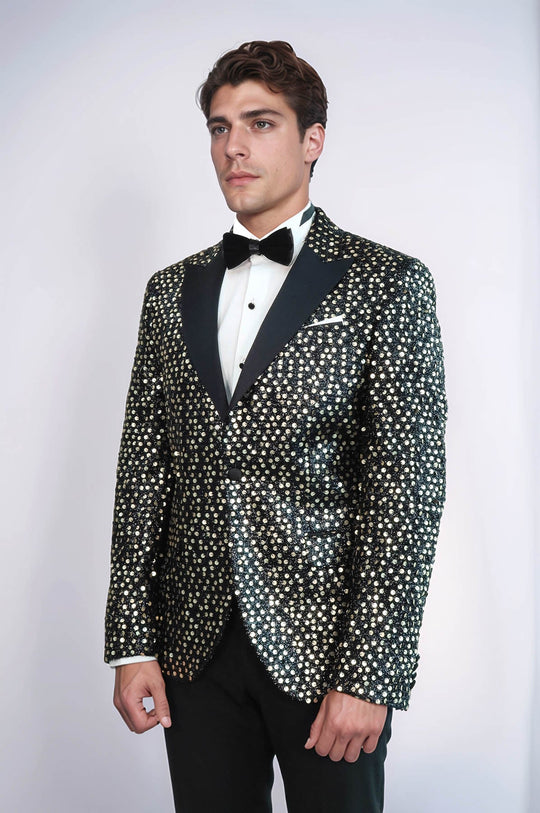 Men’s Smoked Charcoal Sequin Patterned Blazer – Slim Fit with Black Satin Peak Lapels
