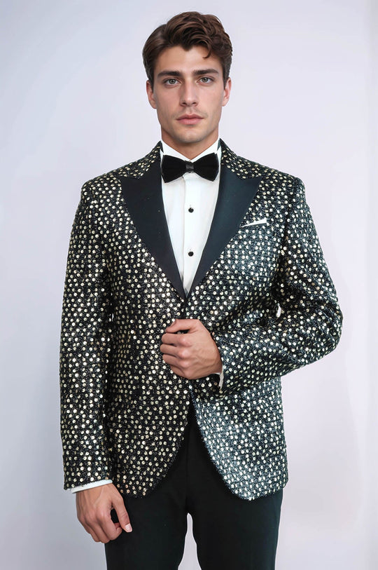 Men’s Smoked Charcoal Sequin Patterned Blazer – Slim Fit with Black Satin Peak Lapels
