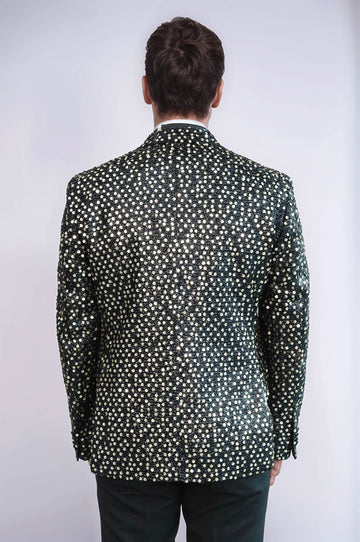 Men’s Smoked Charcoal Sequin Patterned Blazer – Slim Fit with Black Satin Peak Lapels