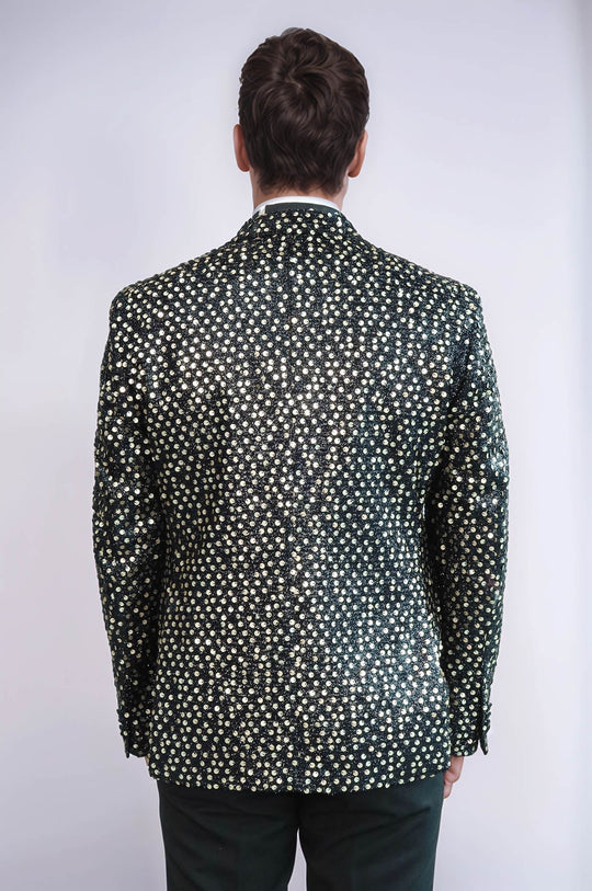 Men’s Smoked Charcoal Sequin Patterned Blazer – Slim Fit with Black Satin Peak Lapels