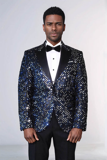Men’s Obsidian Black Sequin Glitter Blazer – Slim Fit with Black Satin Peak Lapels