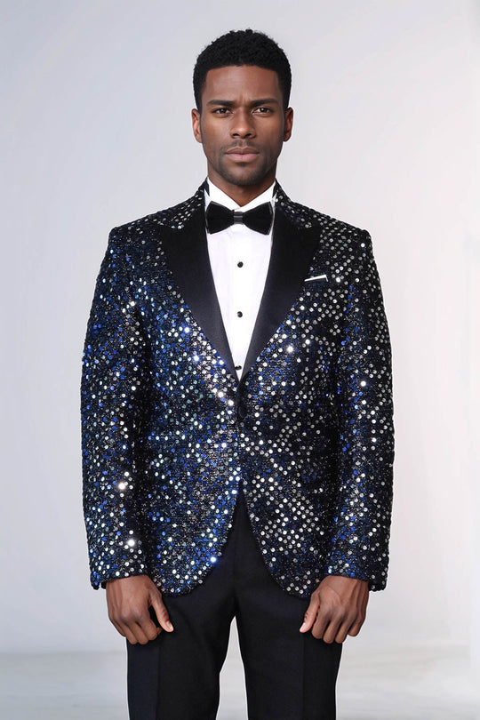Men’s Obsidian Black Sequin Glitter Blazer – Slim Fit with Black Satin Peak Lapels