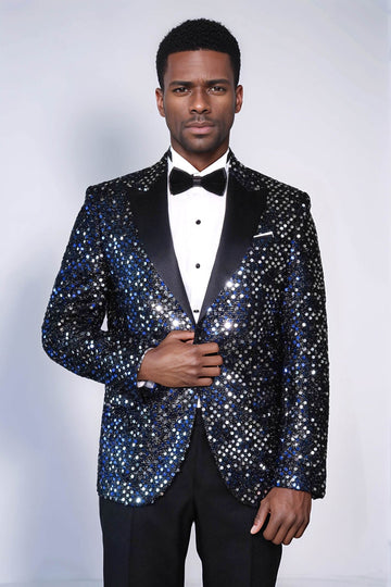 Men’s Obsidian Black Sequin Glitter Blazer – Slim Fit with Black Satin Peak Lapels