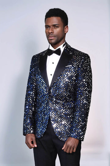 Men’s Obsidian Black Sequin Glitter Blazer – Slim Fit with Black Satin Peak Lapels