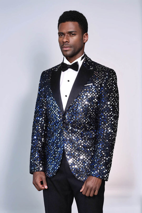 Men’s Obsidian Black Sequin Glitter Blazer – Slim Fit with Black Satin Peak Lapels