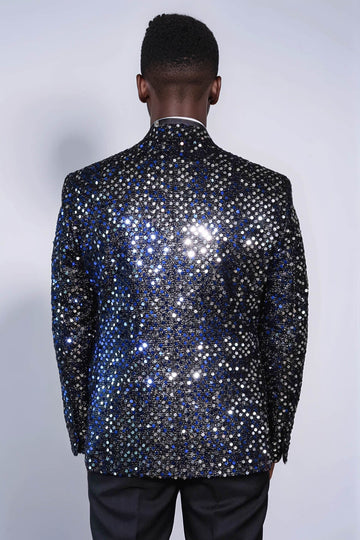 Men’s Obsidian Black Sequin Glitter Blazer – Slim Fit with Black Satin Peak Lapels