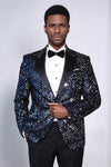 Men’s Obsidian Black Sequin Glitter Blazer – Slim Fit with Black Satin Peak Lapels