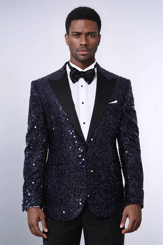 Men’s Midnight Navy Sequin Glitter Blazer – Slim Fit with Black Satin Peak Lapels
