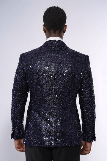 Men’s Midnight Navy Sequin Glitter Blazer – Slim Fit with Black Satin Peak Lapels