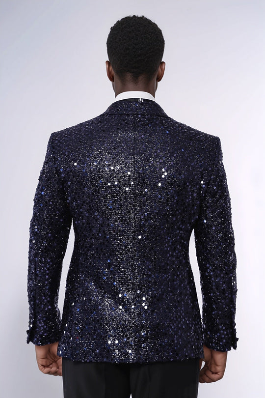 Men’s Midnight Navy Sequin Glitter Blazer – Slim Fit with Black Satin Peak Lapels