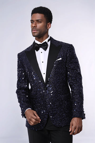 Men’s Midnight Navy Sequin Glitter Blazer – Slim Fit with Black Satin Peak Lapels