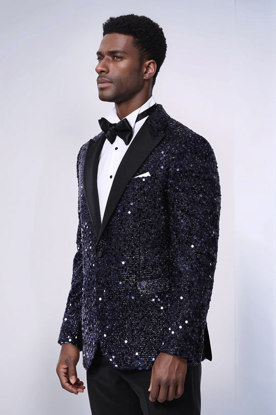 Men’s Midnight Navy Sequin Glitter Blazer – Slim Fit with Black Satin Peak Lapels