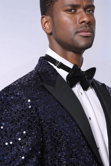 Men’s Midnight Navy Sequin Glitter Blazer – Slim Fit with Black Satin Peak Lapels