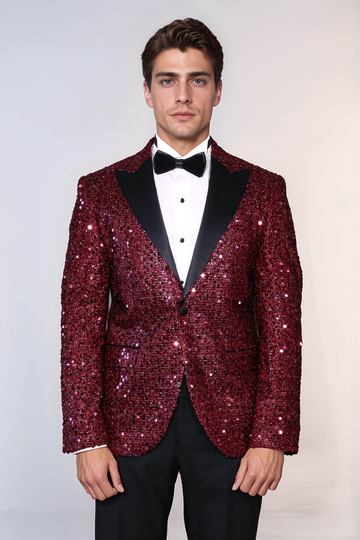 Men’s Claret Burgundy Sequin Glitter Blazer – Slim Fit with Black Satin Peak Lapels