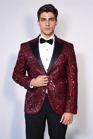 Men’s Claret Burgundy Sequin Glitter Blazer – Slim Fit with Black Satin Peak Lapels