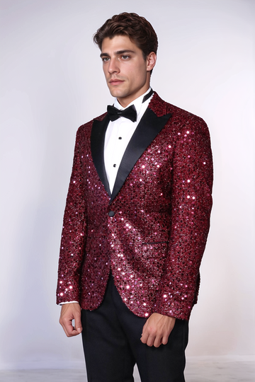 Men’s Claret Burgundy Sequin Glitter Blazer – Slim Fit with Black Satin Peak Lapels