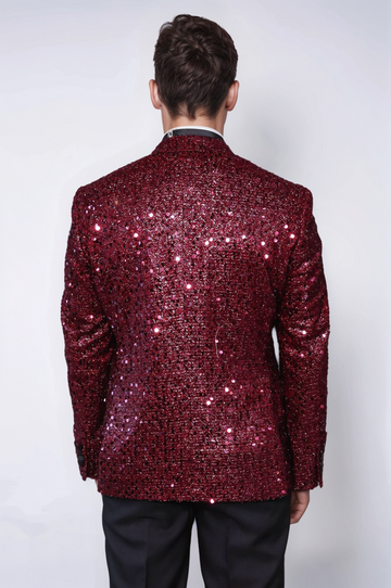 Men’s Claret Burgundy Sequin Glitter Blazer – Slim Fit with Black Satin Peak Lapels