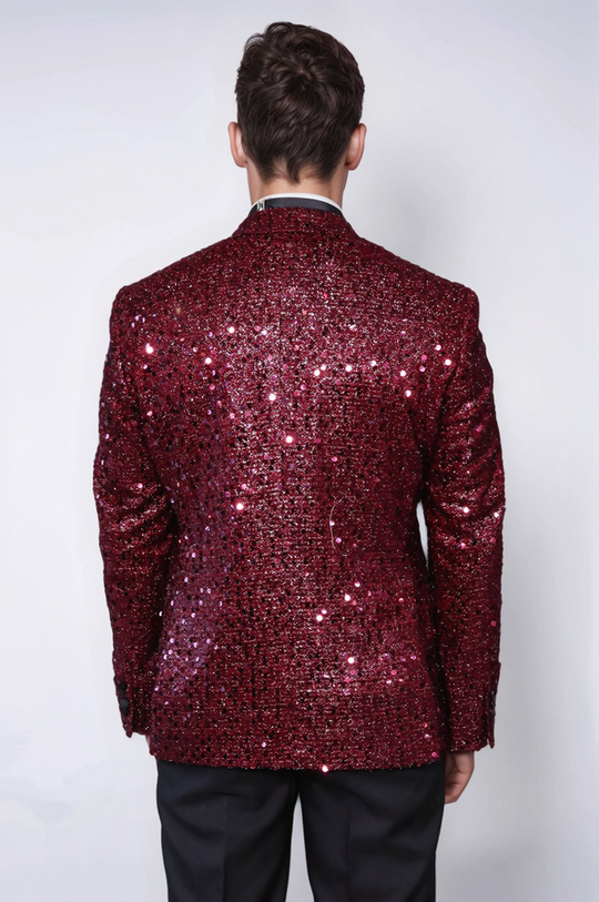 Men’s Claret Burgundy Sequin Glitter Blazer – Slim Fit with Black Satin Peak Lapels