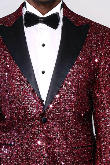 Men’s Claret Burgundy Sequin Glitter Blazer – Slim Fit with Black Satin Peak Lapels