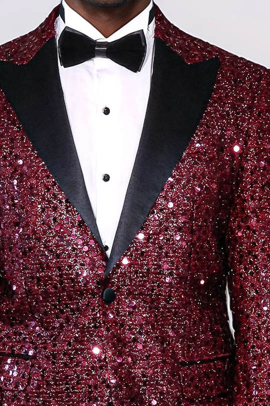 Men’s Claret Burgundy Sequin Glitter Blazer – Slim Fit with Black Satin Peak Lapels