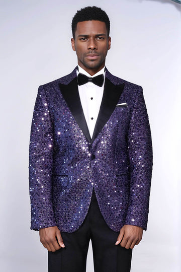 Men’s Imperial Purple Sequin Glitter Blazer – Slim Fit with Black Satin Peak Lapels
