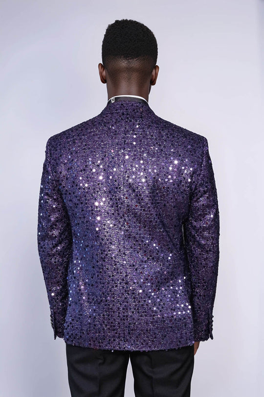 Men’s Imperial Purple Sequin Glitter Blazer – Slim Fit with Black Satin Peak Lapels
