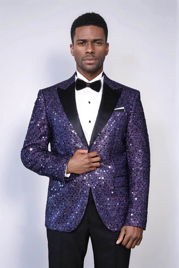 Men’s Imperial Purple Sequin Glitter Blazer – Slim Fit with Black Satin Peak Lapels