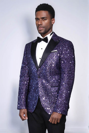 Men’s Imperial Purple Sequin Glitter Blazer – Slim Fit with Black Satin Peak Lapels
