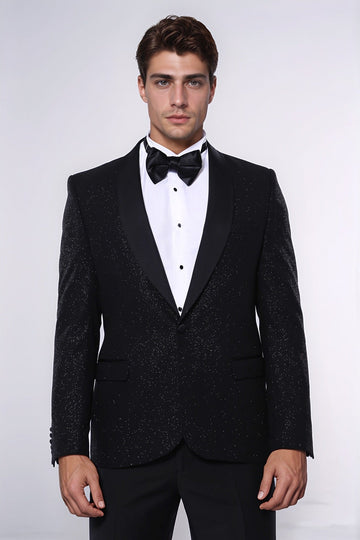 Men’s Midnight Black Sparkle Patterned Slim Fit Shawl Lapel Dinner Jacket