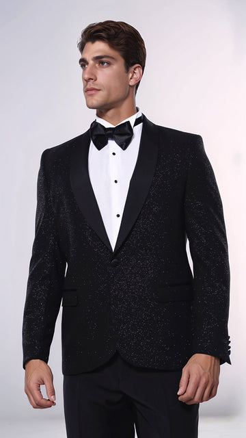 Men’s Midnight Black Sparkle Patterned Slim Fit Shawl Lapel Dinner Jacket
