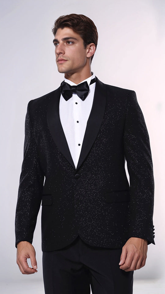 Men’s Midnight Black Sparkle Patterned Slim Fit Shawl Lapel Dinner Jacket