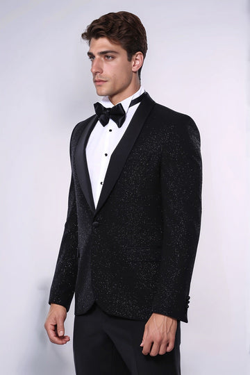 Men’s Midnight Black Sparkle Patterned Slim Fit Shawl Lapel Dinner Jacket