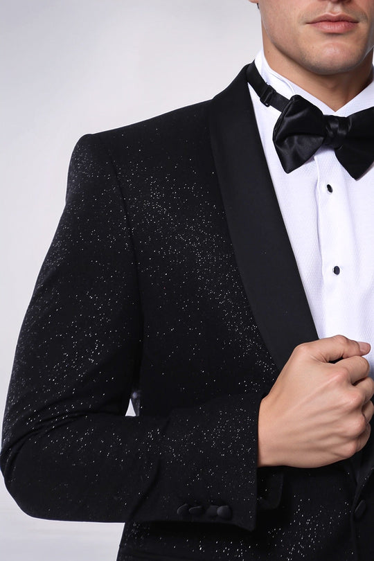 Men’s Midnight Black Sparkle Patterned Slim Fit Shawl Lapel Dinner Jacket