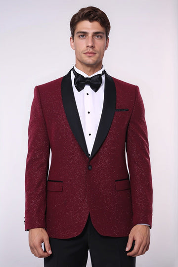 Men’s Deep Burgundy Sparkle Patterned Slim Fit Shawl Lapel Dinner Jacket