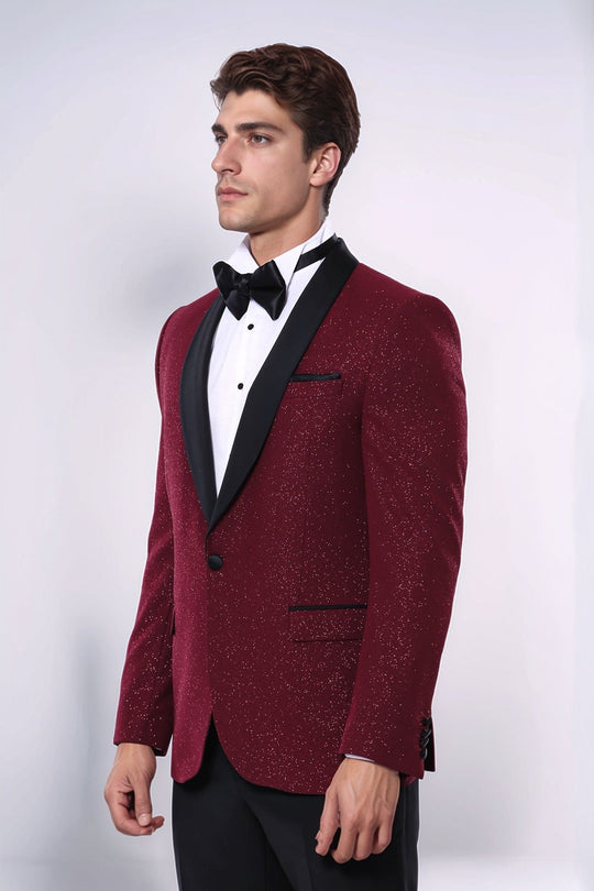 Men’s Deep Burgundy Sparkle Patterned Slim Fit Shawl Lapel Dinner Jacket