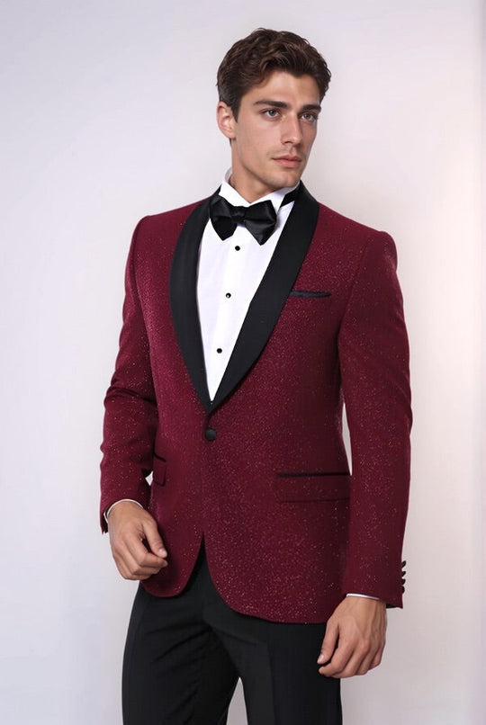 Men’s Deep Burgundy Sparkle Patterned Slim Fit Shawl Lapel Dinner Jacket