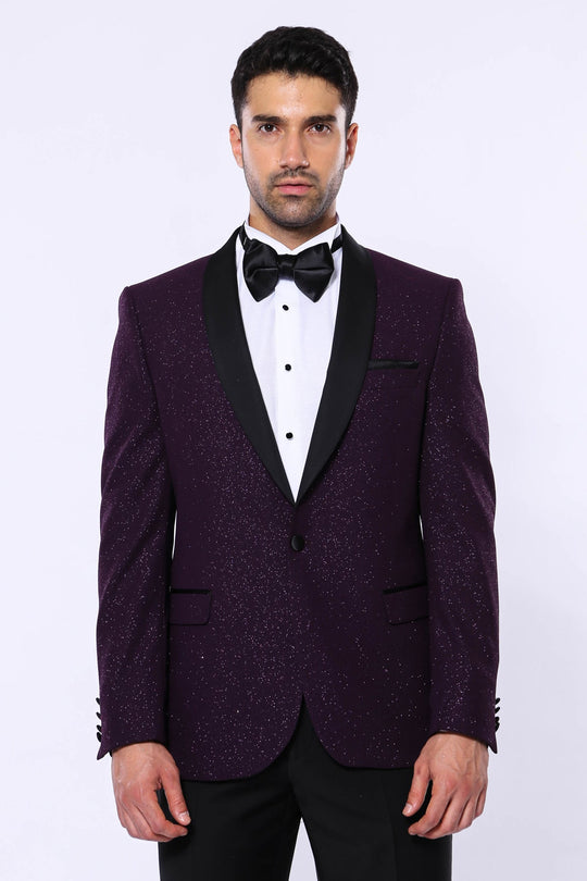 Men’s Imperial Purple Sparkle Dinner Jacket – Slim Fit with Black Satin Shawl Lapel