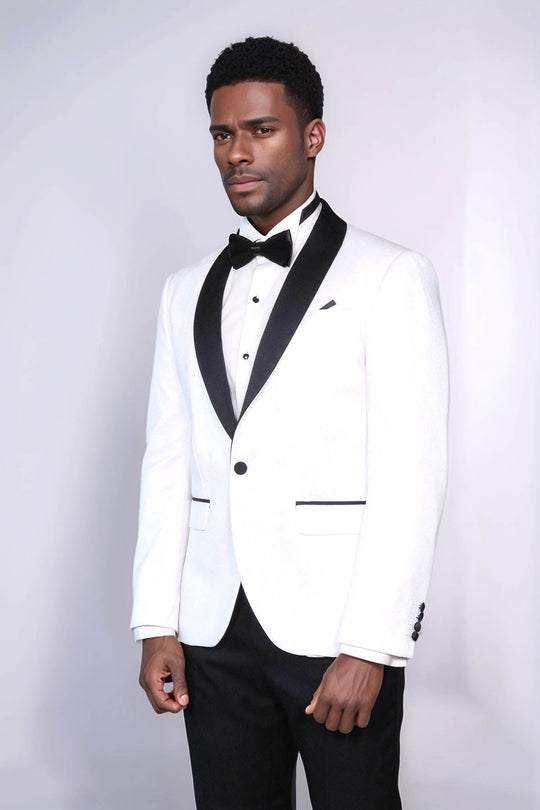 Men’s Pearl White Lustre Dinner Jacket – Slim Fit with Black Satin Shawl Lapel