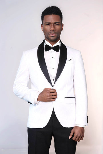 Men’s Pearl White Lustre Dinner Jacket – Slim Fit with Black Satin Shawl Lapel
