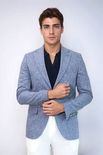 Men’s Slate Blue Linen-Feel Slim Fit Blazer with Gold Crest Buttons