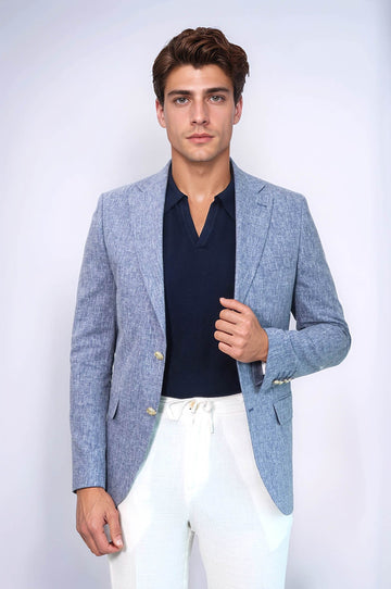 Men’s Slate Blue Linen-Feel Slim Fit Blazer with Gold Crest Buttons
