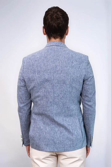 Men’s Slate Blue Linen-Feel Slim Fit Blazer with Gold Crest Buttons