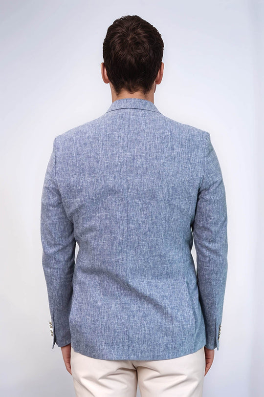 Men’s Slate Blue Linen-Feel Slim Fit Blazer with Gold Crest Buttons