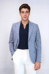 Men’s Slate Blue Linen-Feel Slim Fit Blazer with Gold Crest Buttons