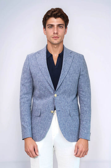 Men’s Slate Blue Linen-Feel Slim Fit Blazer with Gold Crest Buttons